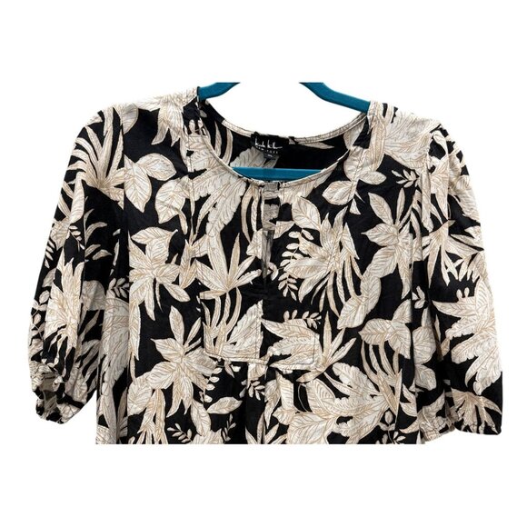 Nicole Miller New York Womens XL Black Beige Floral Linen Blouse Office Casual - Picture 2 of 8